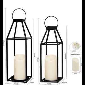 Set of 2 Black Metal Decorative Lanterns with LED Candles solar powered